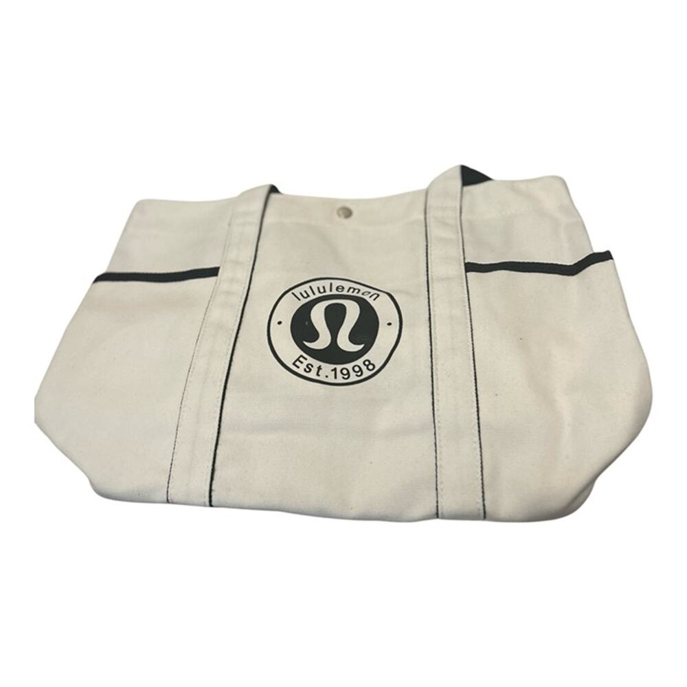 Lululemon Canvas Tote Bag Ivory Black Logo Snap Closure